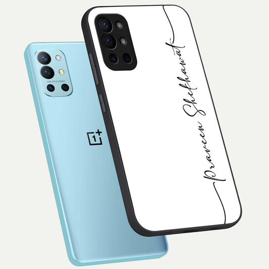  White Tune Custom Name phone case For OnePlus 9R showing premium custom name glass back cover