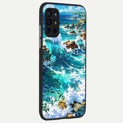  Coastal Blue Waves back cover For OnePlus 9R slim fit glass case with vibrant aesthetic design