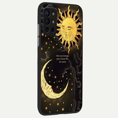 Golden Lunar Love back cover For OnePlus 9R slim fit glass case with vibrant aesthetic design