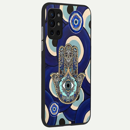  Hamsa Divine Guard back cover For OnePlus 9R slim fit glass case with vibrant aesthetic design