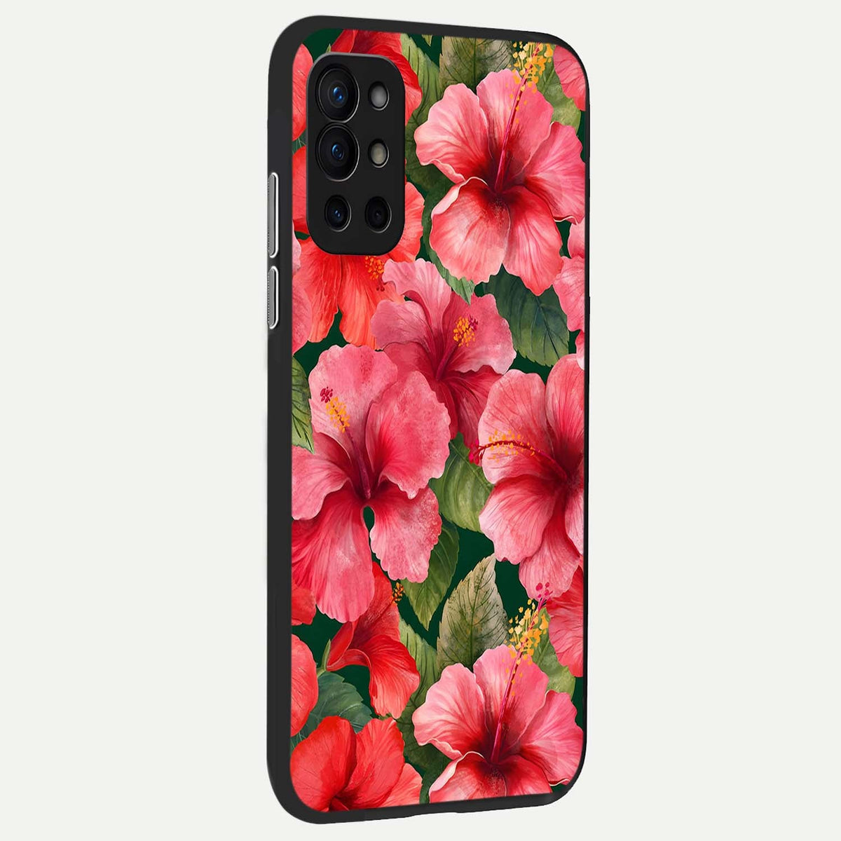  Hibiscus Pattern back cover For OnePlus 9R slim fit glass case with vibrant aesthetic design