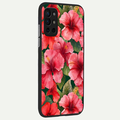  Hibiscus Pattern back cover For OnePlus 9R slim fit glass case with vibrant aesthetic design