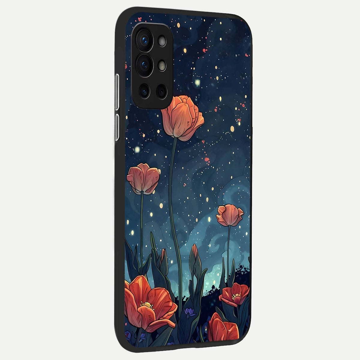  Midnight Tulip Glow back cover For OnePlus 9R slim fit glass case with vibrant aesthetic design