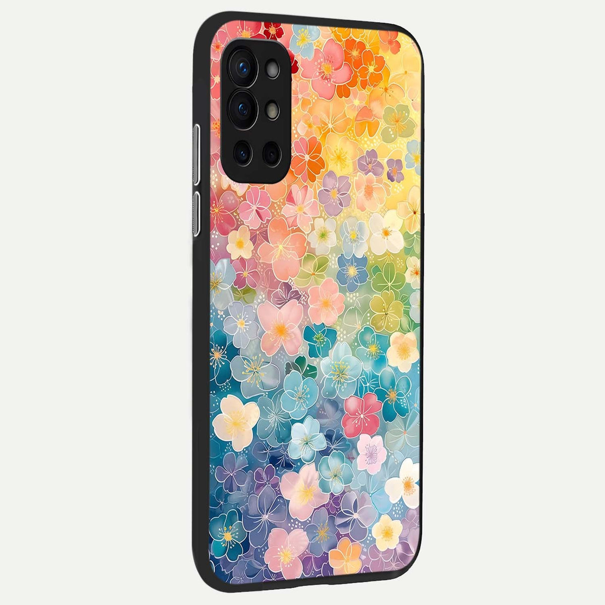  Rainbow Blossom Burst back cover For OnePlus 9R slim fit glass case with vibrant aesthetic design