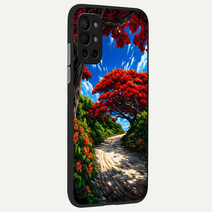  Red Trees Pathway back cover For OnePlus 9R slim fit glass case with vibrant aesthetic design