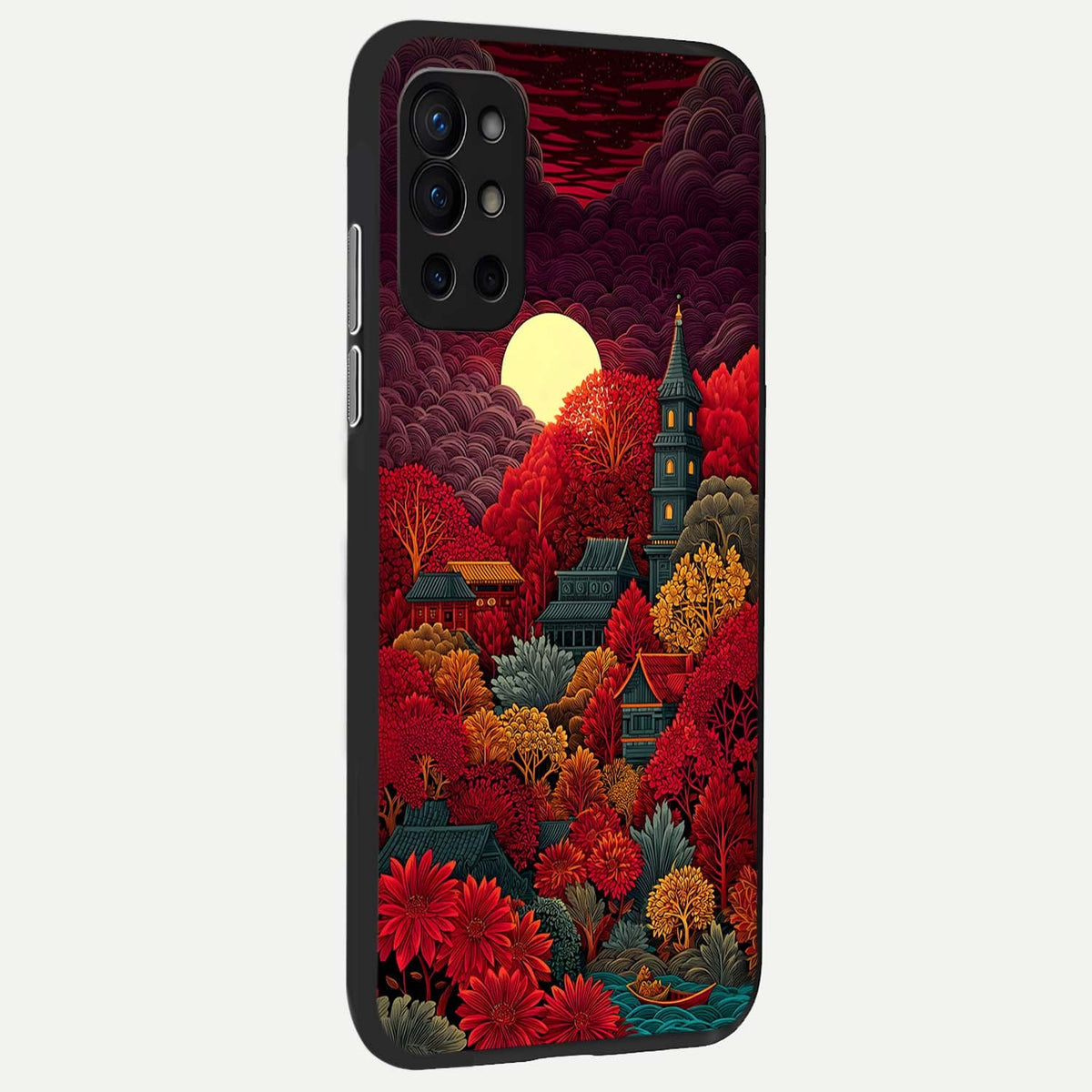  Scarlet Autumn Temple back cover For OnePlus 9R slim fit glass case with vibrant aesthetic design