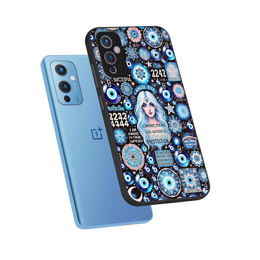  Angel Aura Shield phone case For OnePlus 9 showing premium glass back cover with detailed artwork