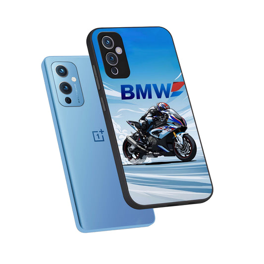  BMW Power Drift phone case For OnePlus 9 showing premium glass back cover with detailed artwork