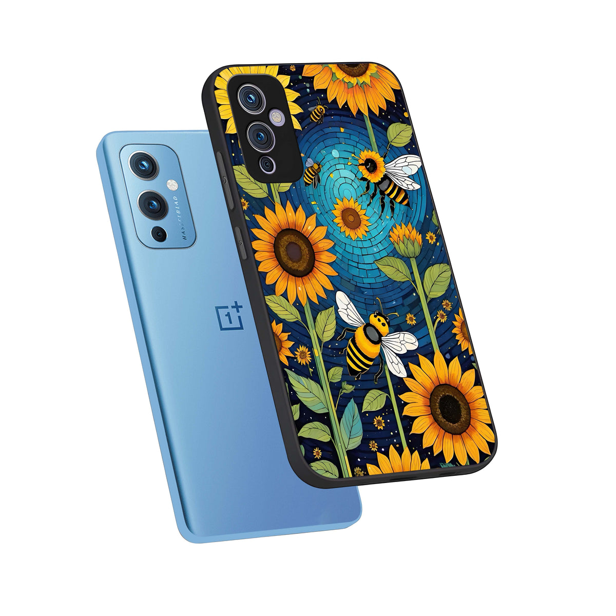  Bees And Sunflowers phone case For OnePlus 9 showing premium glass back cover with detailed artwork