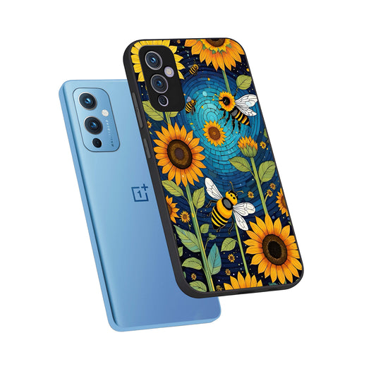  Bees And Sunflowers phone case For OnePlus 9 showing premium glass back cover with detailed artwork