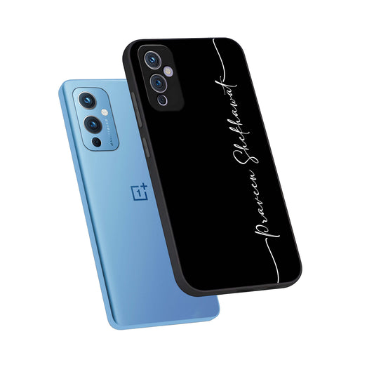  Black Tune Custom Name phone case For OnePlus 9 showing premium glass back cover with detailed artwork