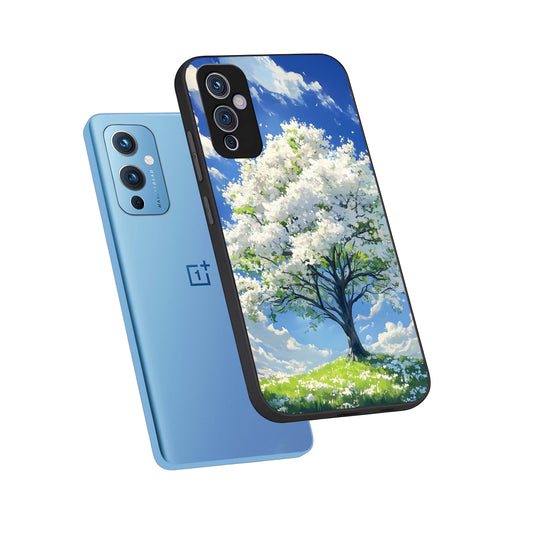  Blossom Sky Serenity phone case For OnePlus 9 showing premium glass back cover with detailed artwork