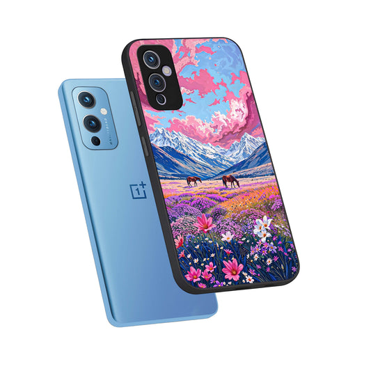  Blossom Valley Dream phone case For OnePlus 9 showing premium glass back cover with detailed artwork