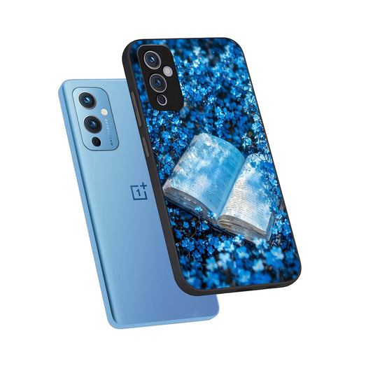  Blue Bloom Tales phone case For OnePlus 9 showing premium glass back cover with detailed artwork