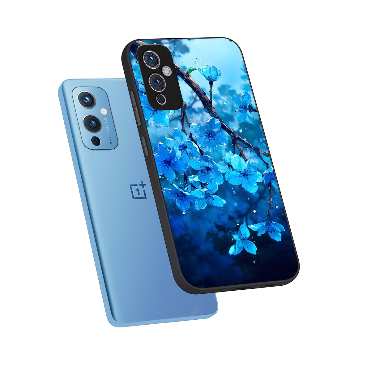  Blue Blossoms Branch phone case For OnePlus 9 showing premium glass back cover with detailed artwork