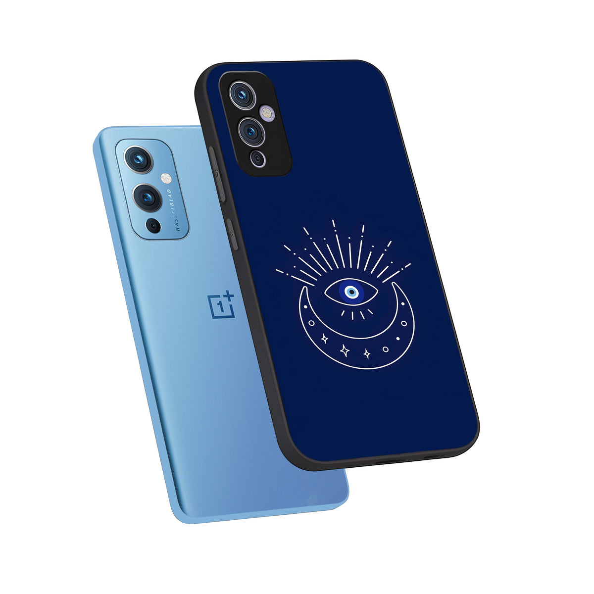  Blue Evil Eye phone case For OnePlus 9 showing premium glass back cover with detailed artwork