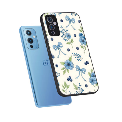  Blue Flower And Bow phone case For OnePlus 9 showing premium glass back cover with detailed artwork
