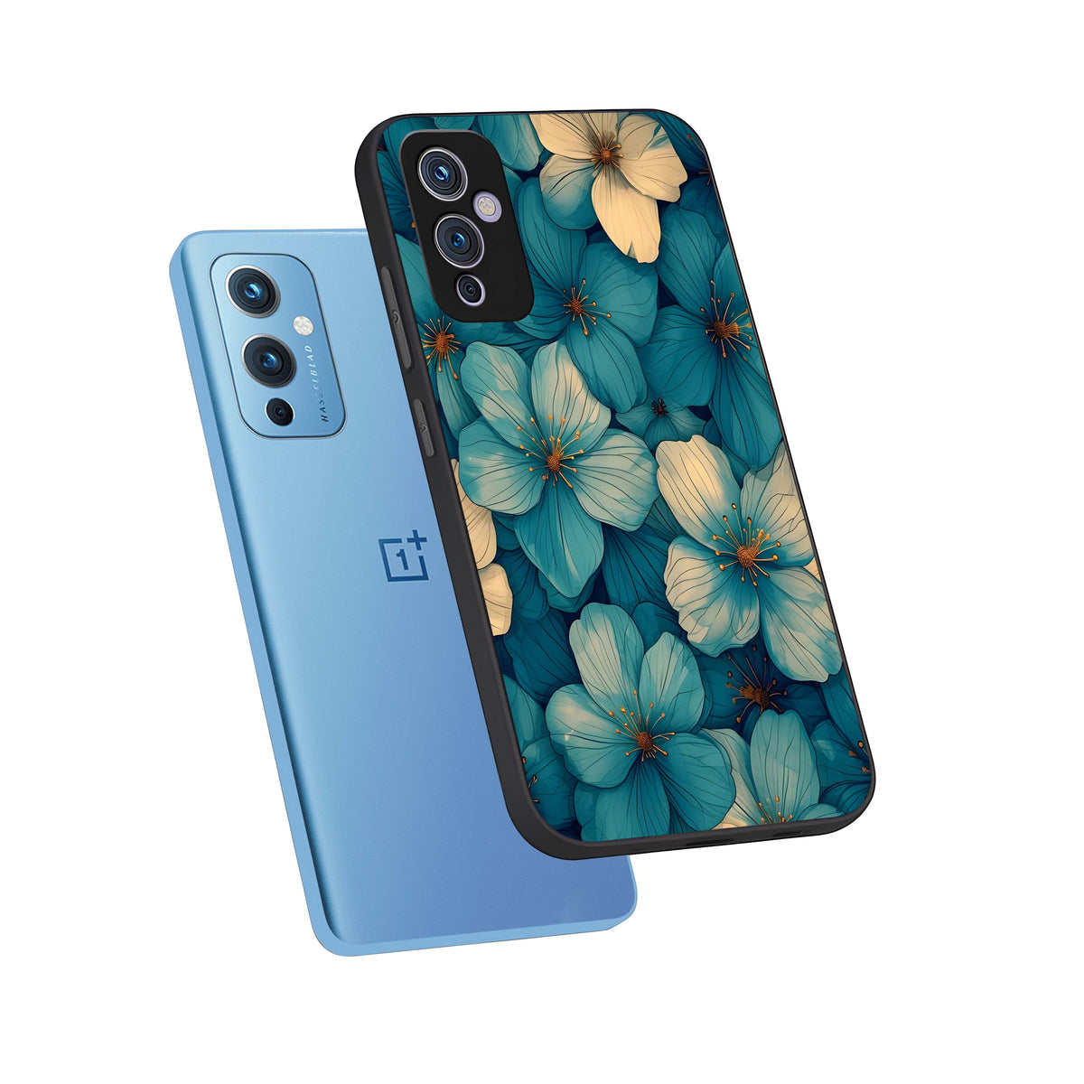  Blue Shade Floral phone case For OnePlus 9 showing premium glass back cover with detailed artwork