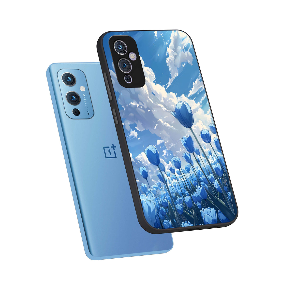  Blue Tulip Clouds phone case For OnePlus 9 showing premium glass back cover with detailed artwork