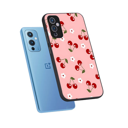  Cherry Love Mood phone case For OnePlus 9 showing premium glass back cover with detailed artwork