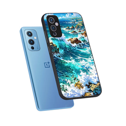  Coastal Blue Waves phone case For OnePlus 9 showing premium glass back cover with detailed artwork