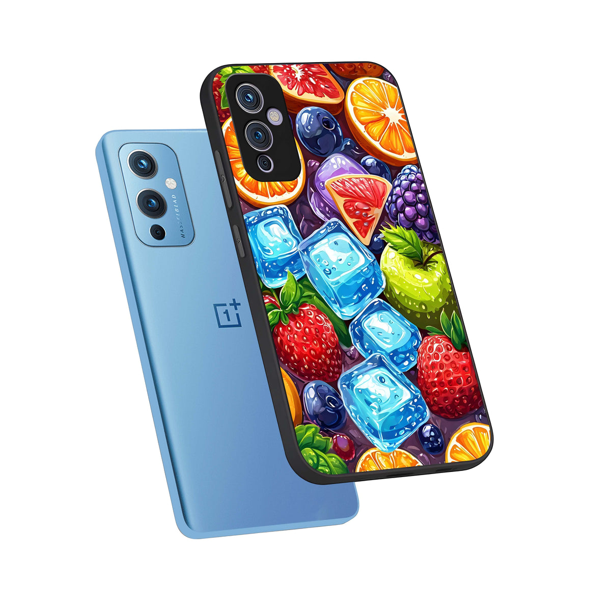  Colorful Fruits with Ice phone case For OnePlus 9 showing premium glass back cover with detailed artwork