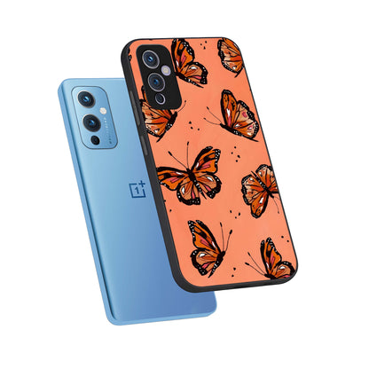  Coral Wing Butterfly phone case For OnePlus 9 showing premium glass back cover with detailed artwork
