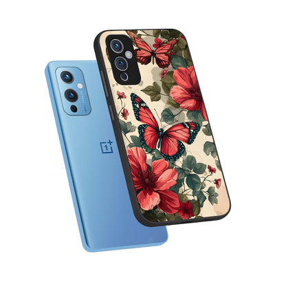  Crimson Butterfly Garden phone case For OnePlus 9 showing premium glass back cover with detailed artwork