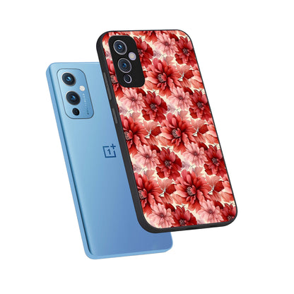  Crimson Love Petals phone case For OnePlus 9 showing premium glass back cover with detailed artwork