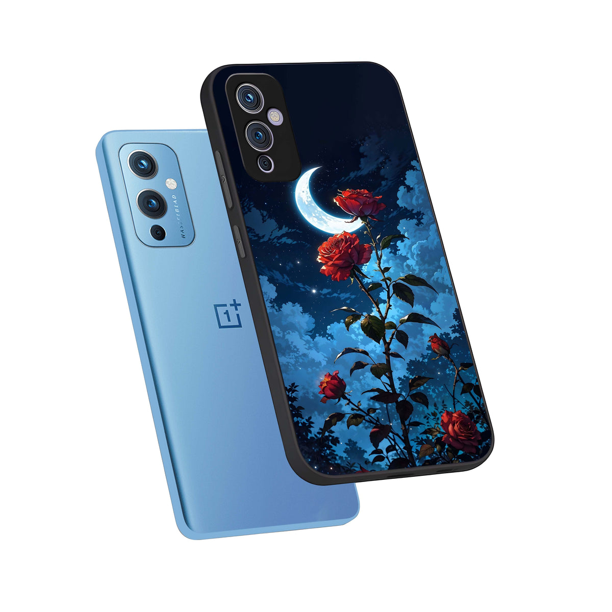  Crimson Rose Moon phone case For OnePlus 9 showing premium glass back cover with detailed artwork