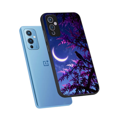  Crow And Moon Scenery phone case For OnePlus 9 showing premium glass back cover with detailed artwork