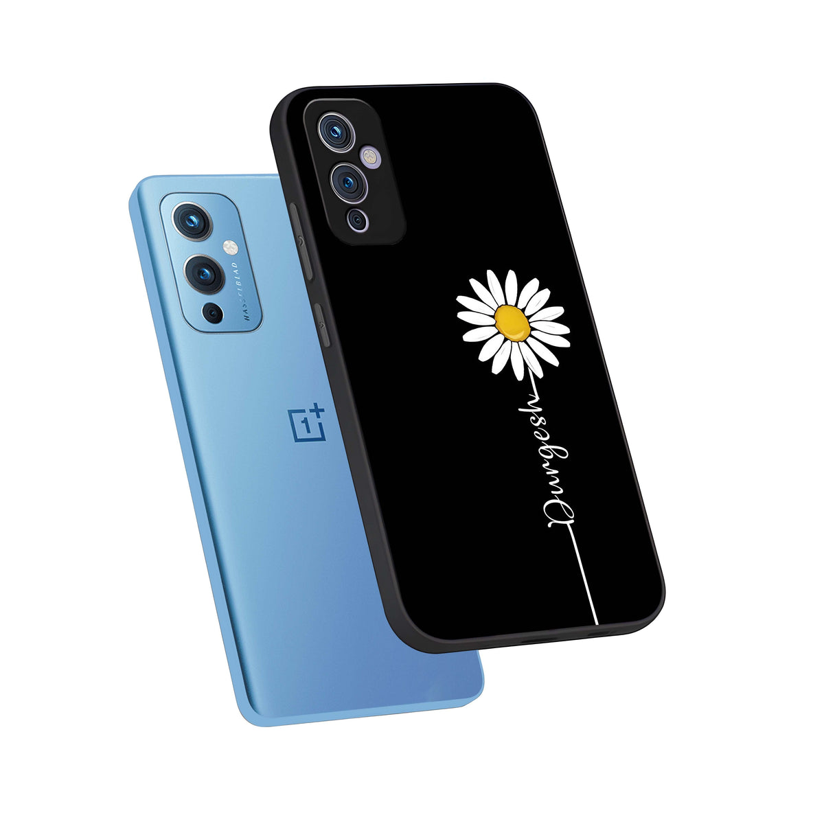 Custom Name White Flower phone case For OnePlus 9 showing premium glass back cover with detailed artwork