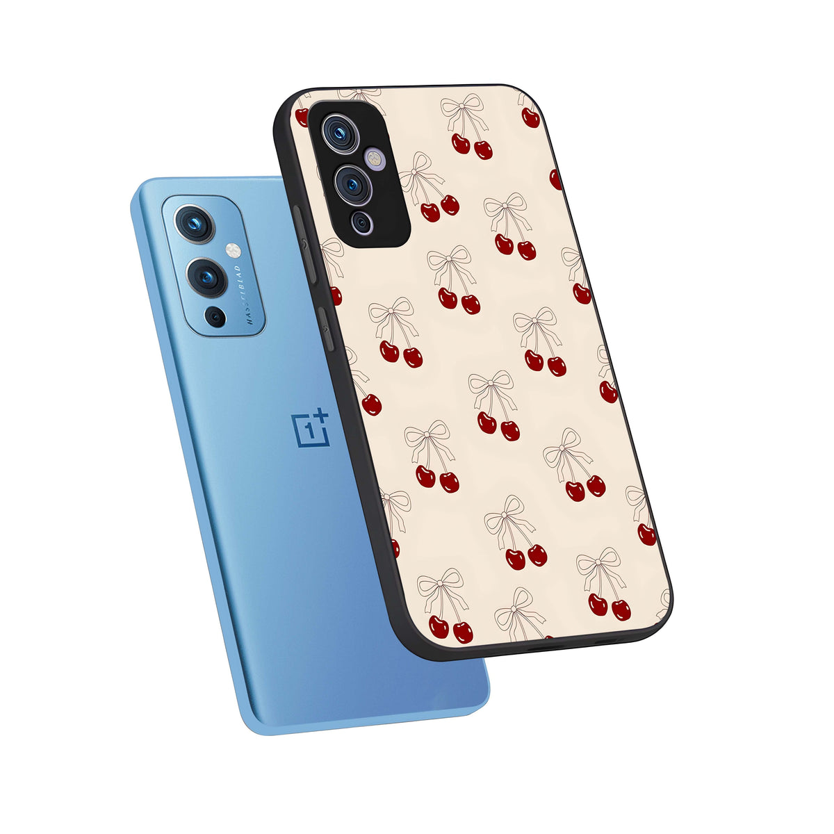  Cute Cherry Pattern phone case For OnePlus 9 showing premium glass back cover with detailed artwork