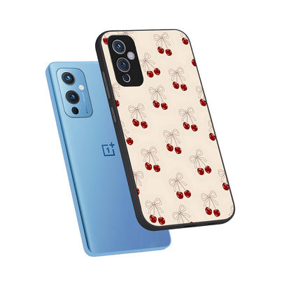  Cute Cherry Pattern phone case For OnePlus 9 showing premium glass back cover with detailed artwork