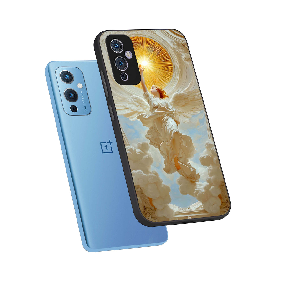  Divine Light Angel phone case For OnePlus 9 showing premium glass back cover with detailed artwork