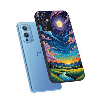  Dreamy Night Landscape phone case For OnePlus 9 showing premium glass back cover with detailed artwork