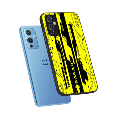  Electric Pulse CYBERPUNK Custom Name phone case For OnePlus 9 showing premium glass back cover with detailed artwork