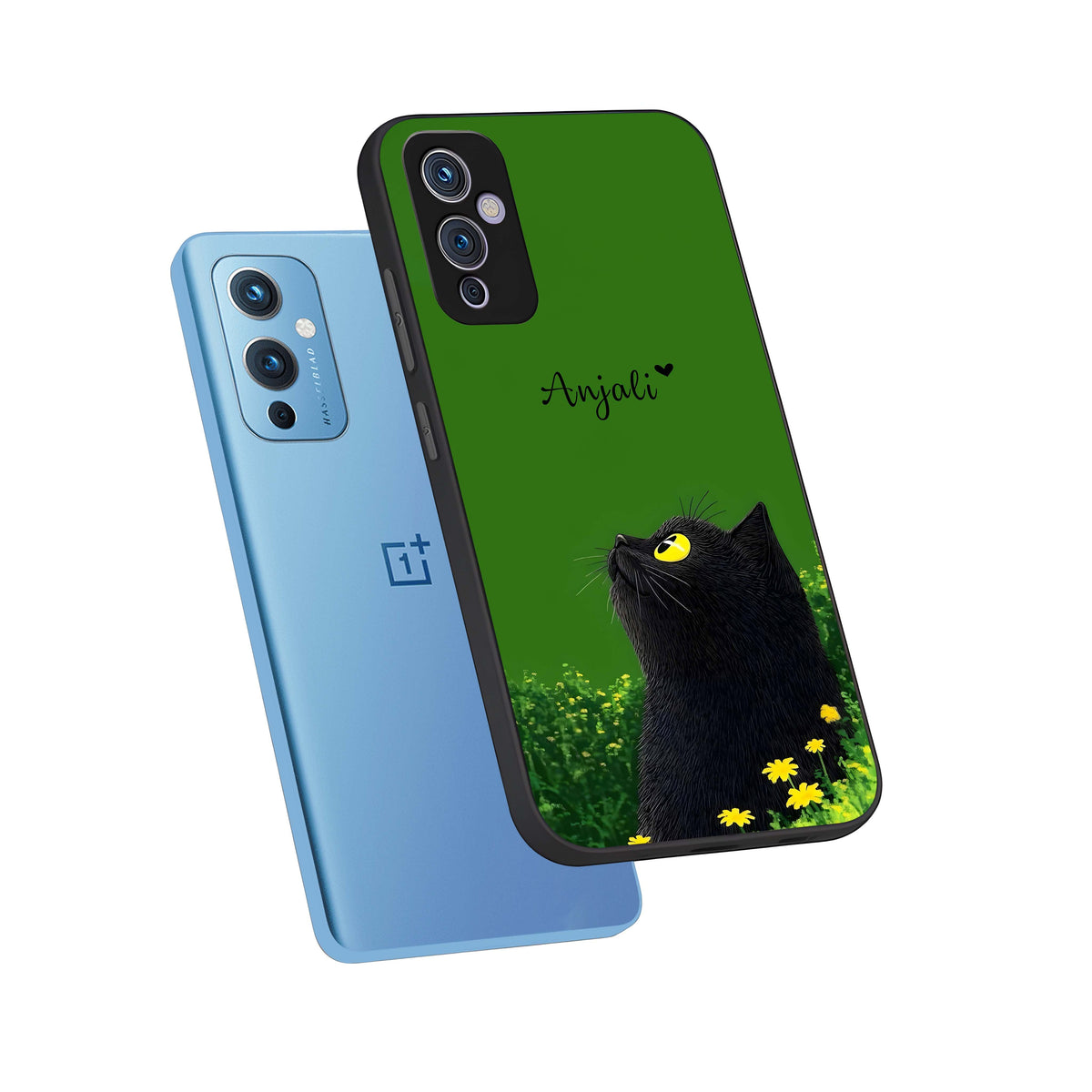 Emerald Cat Custom Name phone case For OnePlus 9 showing premium glass back cover with detailed artwork