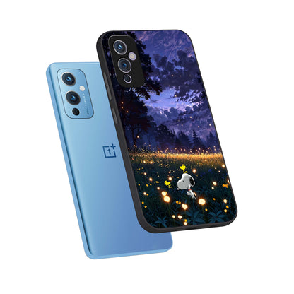  Firefly Meadow Magic phone case For OnePlus 9 showing premium glass back cover with detailed artwork
