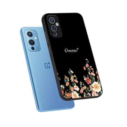  Floral Design Personalized Custom Name phone case For OnePlus 9 showing premium glass back cover with detailed artwork