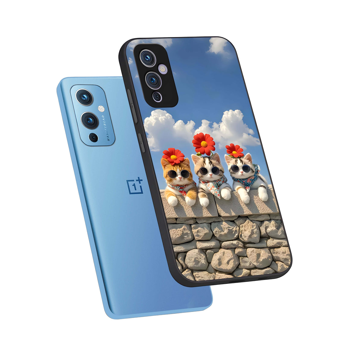  Floral Kitty Squad phone case For OnePlus 9 showing premium glass back cover with detailed artwork