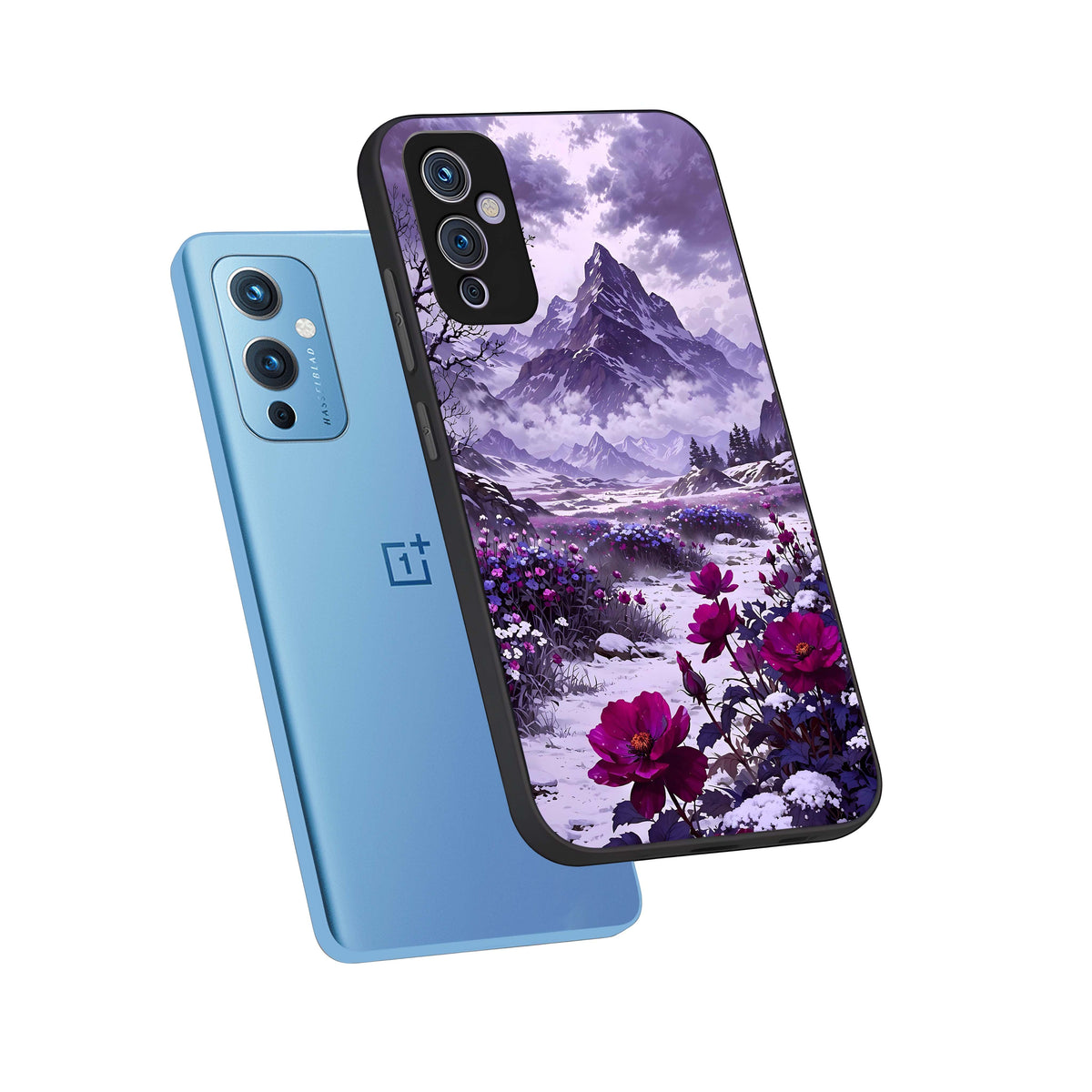  Flower Mountain View phone case For OnePlus 9 showing premium glass back cover with detailed artwork