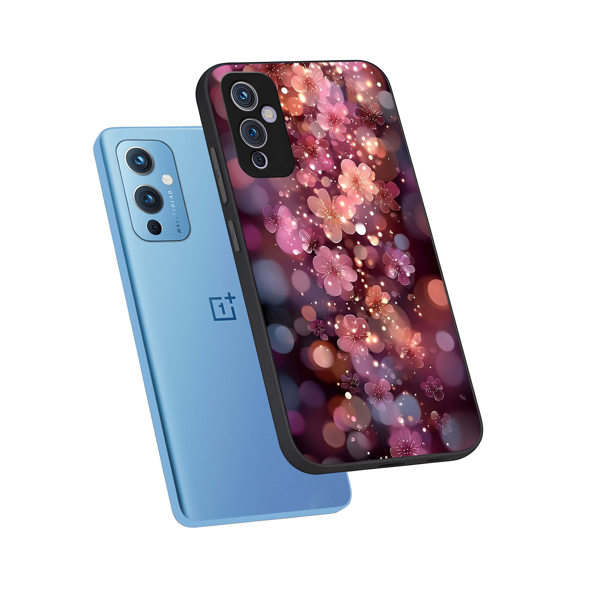  Glowing Petal Bliss phone case For OnePlus 9 showing premium glass back cover with detailed artwork