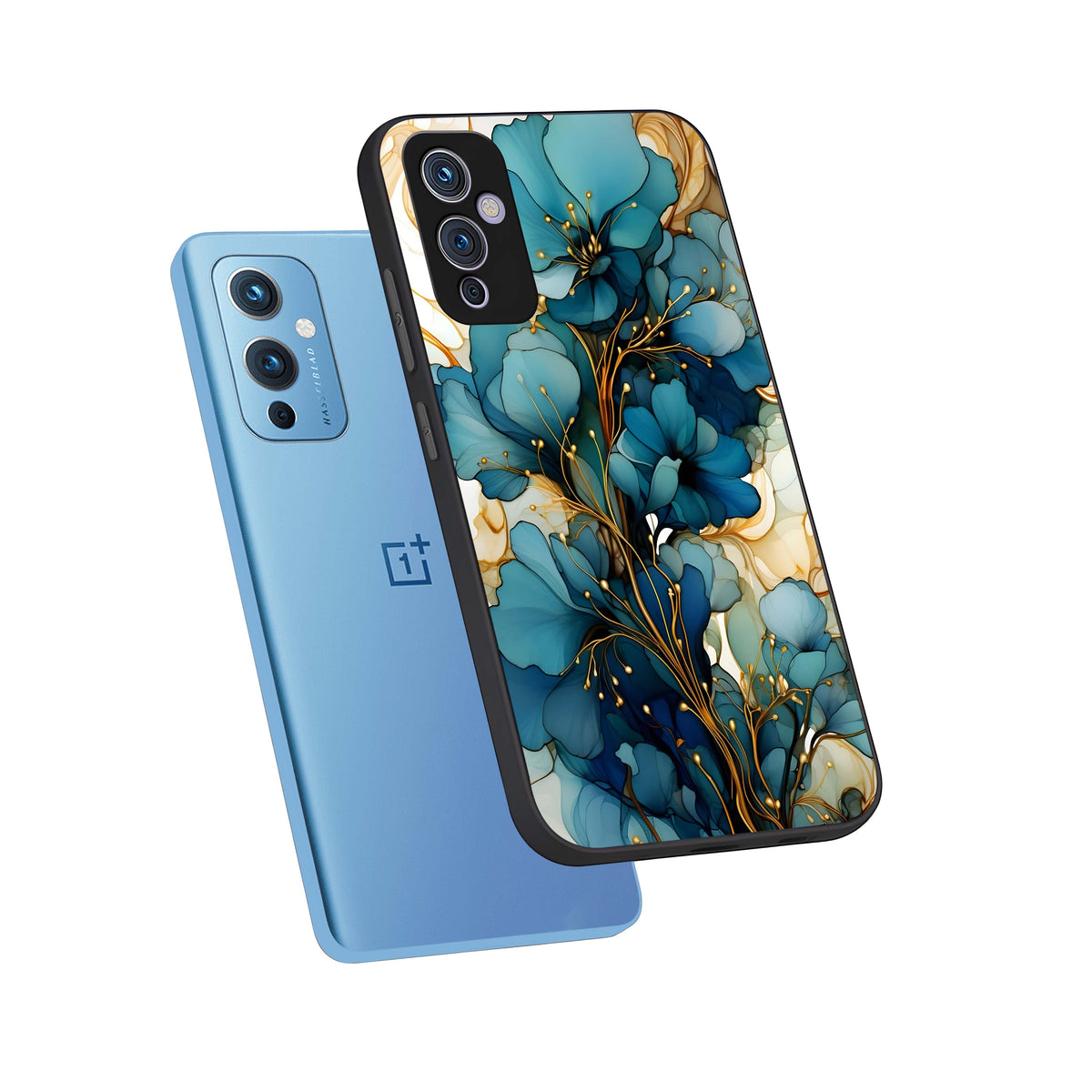  Golden Bloom Symphony phone case For OnePlus 9 showing premium glass back cover with detailed artwork