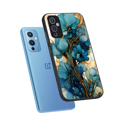  Golden Bloom Symphony phone case For OnePlus 9 showing premium glass back cover with detailed artwork