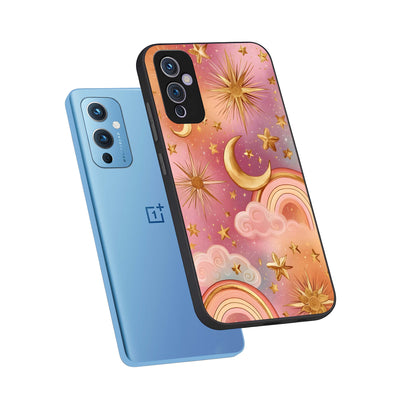  Golden Celestial Dreams phone case For OnePlus 9 showing premium glass back cover with detailed artwork