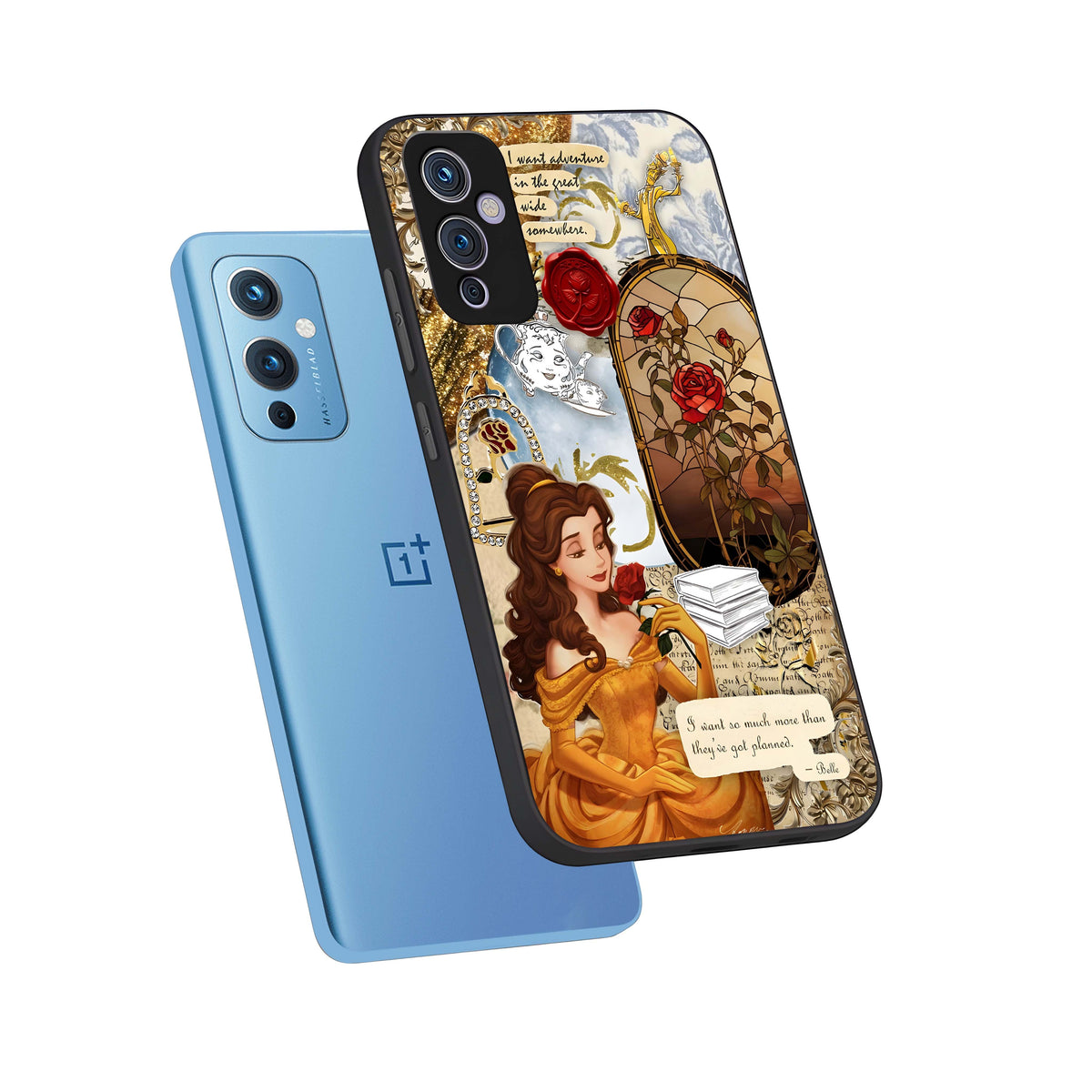  Golden Dream Belle phone case For OnePlus 9 showing premium glass back cover with detailed artwork