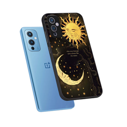  Golden Lunar Love phone case For OnePlus 9 showing premium glass back cover with detailed artwork