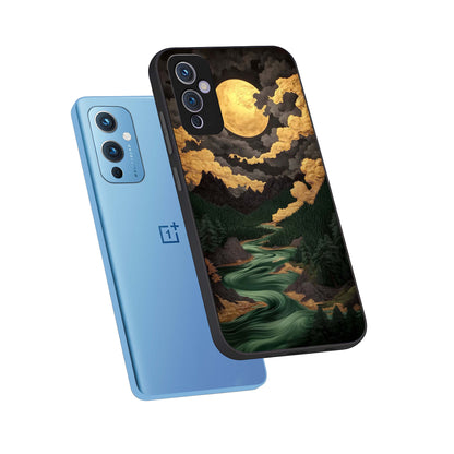  Golden River Moon phone case For OnePlus 9 showing premium glass back cover with detailed artwork