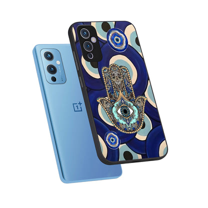  Hamsa Divine Guard phone case For OnePlus 9 showing premium glass back cover with detailed artwork